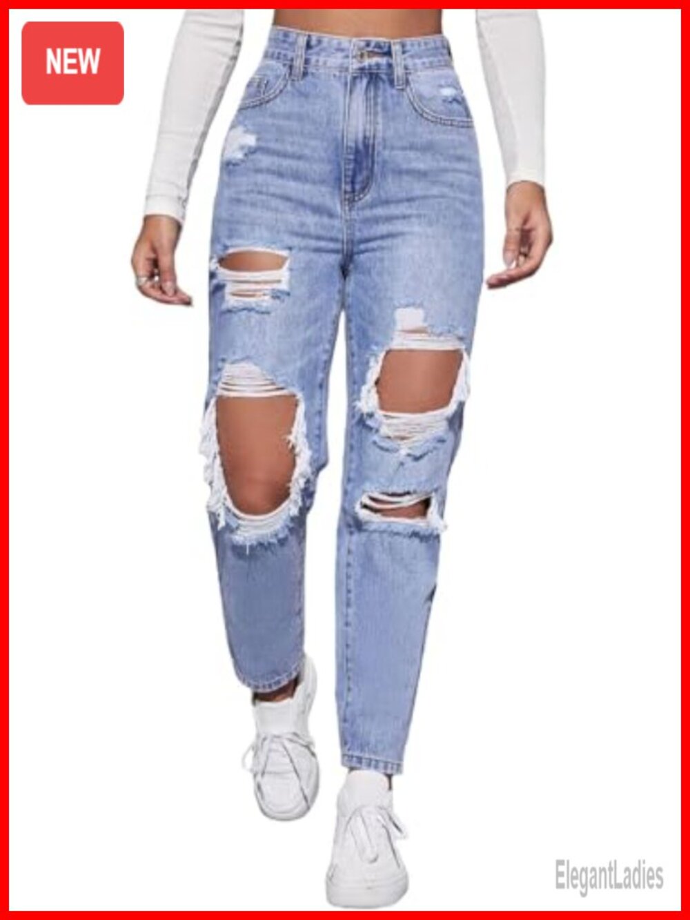 High Waist Boyfriend Straight Leg Distressed Ripped Denim Jeans